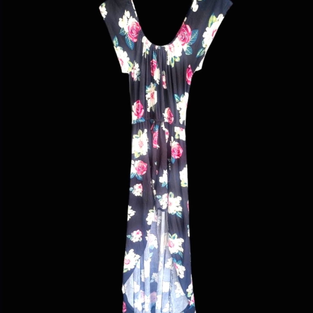 Poof New York Short One-Piece W/ Long Train Dress Woman’s LG Black  Flowered